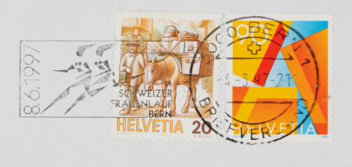 briefmarke stamp vintage retro alt old used gestempelt cancel gebraucht papier paper gelb yellow...