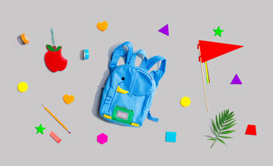 School stationery supplies - overhead view flat lay