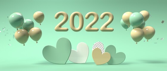Year 2022 celebration theme with hearts with balloons - 3D render