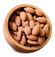 Peeled almonds in wooden cups, top view separately on white background.