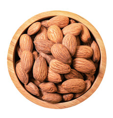 Peeled almonds in wooden cups, top view separately on white background.