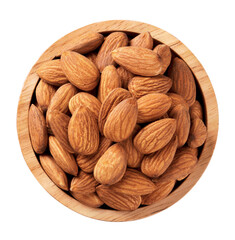 Peeled almonds in wooden cups, top view separately on white background.