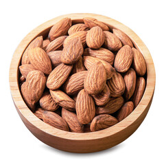 Peeled almonds in wooden cups, top view separately on white background.