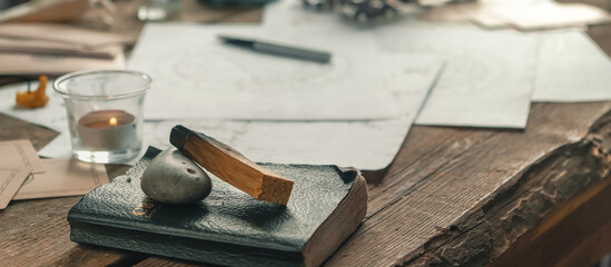 Astrology. Astrologer calculates natal chart and makes a forecast of fate Tarot cards, Fortune...