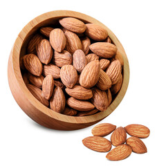 Peeled almonds in wooden cups, top view separately on white background.