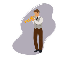 
The man plays the trumpet.
Trumpeter with a trumpeter.
Man creates the rhythm of the melody. The character plays a musical instrument as part of a jazz band. Flat vector illustration.
