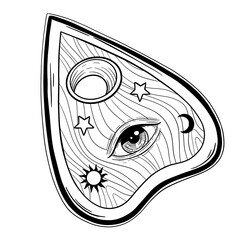 Heart-shaped planchette for spirit talking board. Vector isolated illustration in Victorian style. Mediumship divination equipment. flash tattoo drawing. Alchemy, religion, spirituality, occultism.