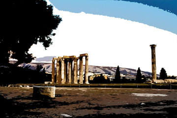 Watercolor illustration Temple of Olympian Zeus in Athens, Greece.