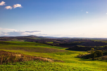 Fototapeta na wymiar Agricultural landscape panorama. Moravian fields, Moravia, Czech Republic, around the village Kyjov 