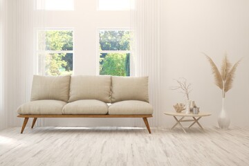 Fototapeta premium Minimalist living room in white color with sofa and summer landscape in window. Scandinavian interior design. 3D illustration