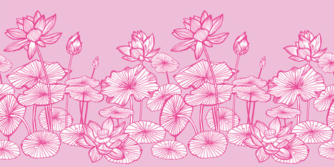 Vector pink monochrome lotus water lily flowers and leaves outlines horizontal border. Perfect for greeting cards and invitation cards.