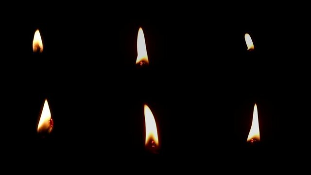 Six realistic candle flame isolated against a dark (alpha) background. Footage has luma matte. candle fire set