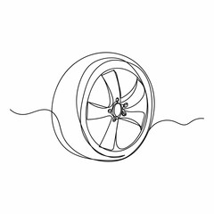 Vector abstract continuous one single simple line drawing icon of car wheel in silhouette sketch on white background.
