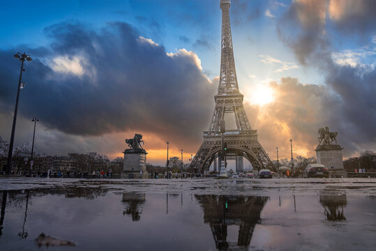 Beautiful view of the famous Eiffel Tower in Paris, France during magical sunset. Best Destinations in Europe - Paris.