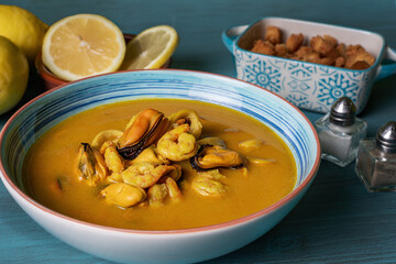 Seafood soup, based on prawns, mussels, clams, hake and squid, served with fried bread and lemons.