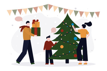 Happy young family decorating christmas tree with baubles and garland together. People preparing for winter holidays. Cartoon father gifting presents.