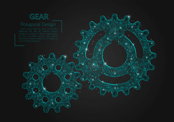 Abstract isolated blue image of a gear. Polygonal illustration looks like stars in the blask night sky in spase or flying glass shards. Digital design for website, web, internet © Katsiaryna