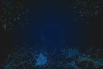 Abstract blue background. Polygonal low poly wireframe illustration looks like stars in the blask night sky in spase or flying glass shards. Digital web, internet design. © Katsiaryna