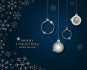 Christmas and Happy New Year vector banner with snowflakes and balls