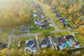 Panoramic view of view at sunset from the height roofs small town of houses of bird flight SC US