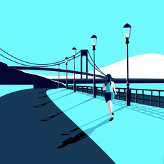 The girl is running in the early morning . Vector illustration.
