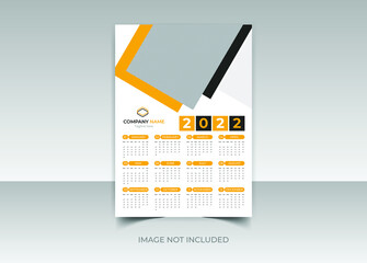 Modern 12 months Print Ready One page wall calendar design template design for 2022 Week starts on Sunday wall calendar design 2022 with Place for Photo.1 page colorful, simple, elegant Design
