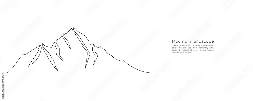 Wall mural One continuous line drawing of mountain range landscape silhouette. Panorama skyline with mounts peaks in simple linear style. Adventure winter sports concept isolated on white. Vector illustration