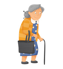Cartoon old woman with gray hair and walking stick. Vector isolated illustration of grandmother.