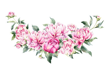 Obraz na płótnie Canvas Watercolor border with flowers of peonies. Hand painted with floral elements on a white background. Can be used as a background. Botanical border