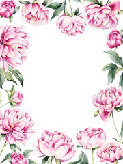 Watercolor frame with flowers of peonies. Hand painted on the perimeter with floral elements on a white background. Can be used as a background. Botanical border