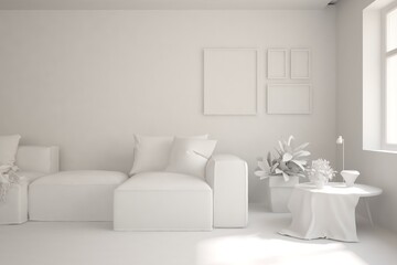 Mock up of stylish room in white color with sofa. Scandinavian interior design. 3D illustration