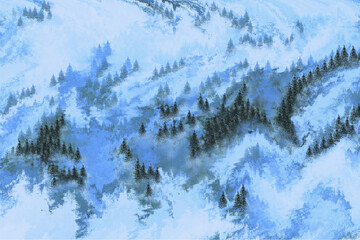 Winter forest landscape in snow-capped mountains in blue tones. Winter wallpaper with abstract pattern. 