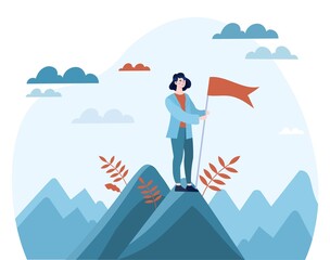 Fototapeta Businesswoman on top. Girl sets flag on mountain. Character reinforces his success, metaphor for achieving goal. Entrepreneur coped with tasks, ambition concept. Cartoon flat vector illustration obraz