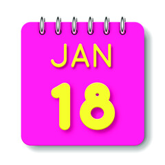 18 day of the month. 18 January. Cute calendar daily icon. Date day week Sunday, Monday, Tuesday, Wednesday, Thursday, Friday, Saturday.