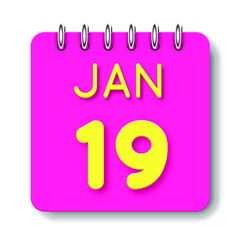 19 day of the month. 19 January. Cute calendar daily icon. Date day week Sunday, Monday, Tuesday, Wednesday, Thursday, Friday, Saturday.