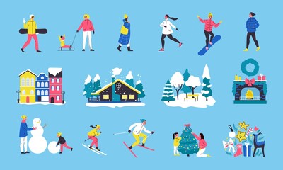 Fototapeta premium Winter Activity Flat Color Set