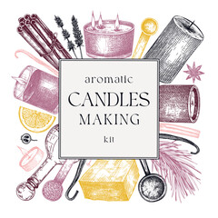 Hand sketched candle-making card design. Vintage candles, herbs, wax, fruits, spices, skewers hand drawings square wreath. Perfect template for aromatherapy, hobby, handcrafts, candle making, package - obrazy, fototapety, plakaty