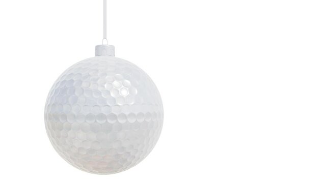Realistic looping 3D animation of the hanging spinning golf ball as Christmas decoration rendered in UHD with alpha matte
