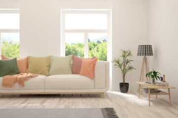 White living room with sofa and summer landscape in window. Scandinavian interior design. 3D illustration
