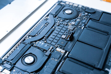 Obraz premium Maintenance pc. Maintenance repair engineer support. Computer technician service with laptop on hardware background. Electronic technology development concept.