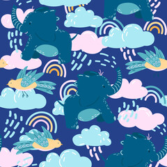 Cute pattern with adorable elephant and bird on dark background 