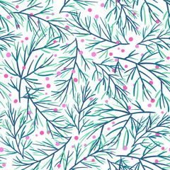 Seamless vector pattern with decorative branches and berries. Decorative pattern for wrapping paper