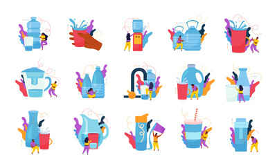 Drink Water Flat Icon Set