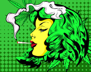 Doodle with girl smoked marijuana joint. - 474550387