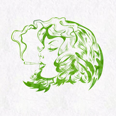 Doodle with girl smoked marijuana joint. Watercolor vector image - 474550505