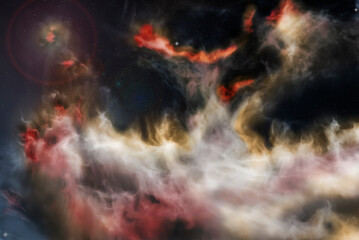 Abstract picture of nebula with bright stars and streams of cosmic gas pass through spiral galaxy like a fire.