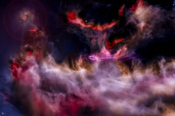 Abstract picture of nebula with bright stars and spiral galaxy through which streams of cosmic gas pass like fire.