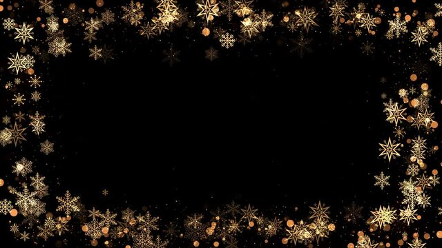 Christmas snowflakes frame with lights and particles alpha channel. Winter, Christmas, New Years, Holidays frame concept. Seamless looping 4k