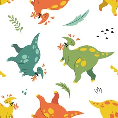  Seamless pattern with funny dinosaurs in hand drawn style. Creative childish texture. Great for fabric, textile. Isolated on white background vector illustration © Tatiana