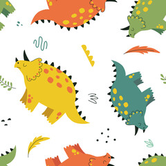 Seamless pattern with funny dinosaurs in hand drawn style. Creative childish texture. Great for fabric, textile. Isolated on white background vector illustration